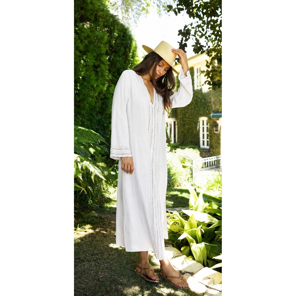 NWT Honorine Long Eden Cover-up White Cotton Gauze Lace Trim Maxi Dress M